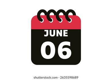 6 June calendar icon text page monthly web design on red, black and white background vector, icon, or illustration with the month of June 6