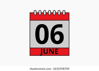 6 June calendar icon text page monthly web design on red, black and white background vector, icon, or illustration with the month of June 6