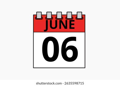 6 June calendar icon text page monthly web design on red, black and white background vector, icon, or illustration with the month of June 6