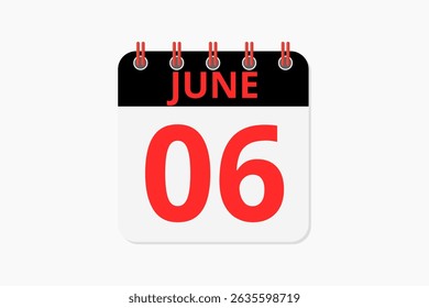 6 June calendar icon text page monthly web design on red, black and white background vector, icon, or illustration with the month of June 6