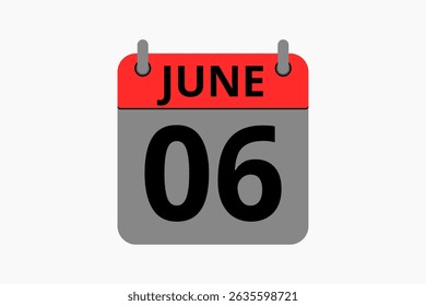 6 June calendar icon text page monthly web design on red, black and white background vector, icon, or illustration with the month of June 6
