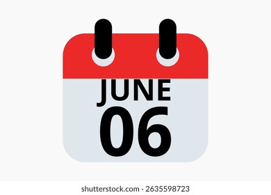 6 June calendar icon text page monthly web design on red, black and white background vector, icon, or illustration with the month of June 6