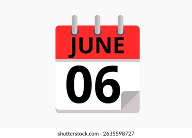 6 June calendar icon text page monthly web design on red, black and white background vector, icon, or illustration with the month of June 6