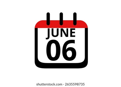 6 June calendar icon text page monthly web design on red, black and white background vector, icon, or illustration with the month of June 6