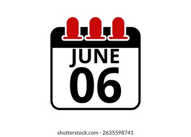 6 June calendar icon text page monthly web design on red, black and white background vector, icon, or illustration with the month of June 6