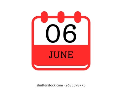 6 June calendar icon text page monthly web design on red, black and white background vector, icon, or illustration with the month of June 6