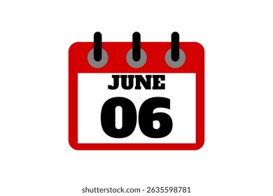 6 June calendar icon text page monthly web design on red, black and white background vector, icon, or illustration with the month of June 6