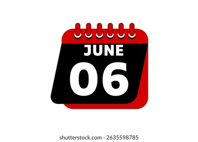 6 June calendar icon text page monthly web design on red, black and white background vector, icon, or illustration with the month of June 6