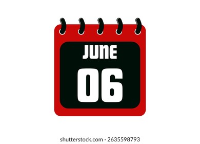 6 June calendar icon text page monthly web design on red, black and white background vector, icon, or illustration with the month of June 6