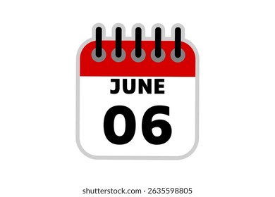 6 June calendar icon text page monthly web design on red, black and white background vector, icon, or illustration with the month of June 6