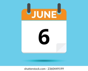 6. Juni. Flacher Icon-Kalender einzeln auf blauem Hintergrund. Vektorgrafik.