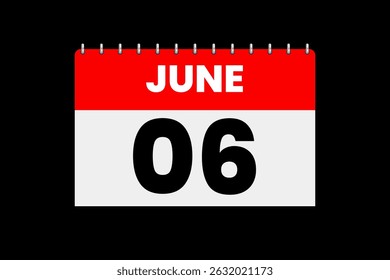 6 June month single day vector, illustration, calendar with red, off-white and black color background calendar icon of June 6