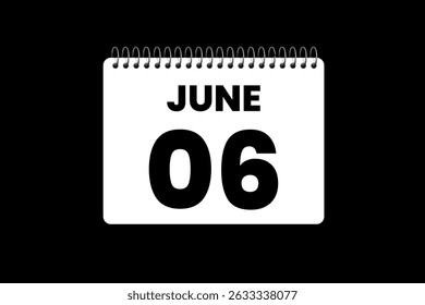 6 junio mes Vector de un solo día, ilustración, calendario con el icono de calendario de fondo de color blanco y negro del 6 de junio