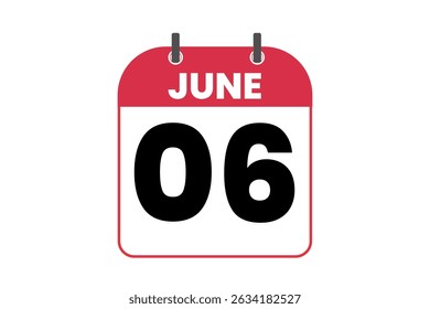 6 June month single day vector, illustration, calendar with red, black and white color background calendar icon of June 6