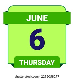6 de junio, jueves. Plantilla de fecha. Diseño útil para la promoción de calendarios o eventos. Ilustración vectorial Archivo EPS 10. Aislado sobre fondo blanco. 