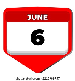 6 June vector icon calendar day. 6 date of June. Sixth day of June. 6th date number. 6 day calendar. Six date. Sweden independence. Vector illustration