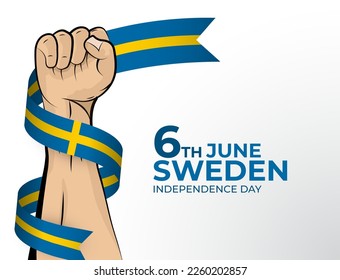 6. Juni. Vektorgrafik von Happy Independence Day Grußkarte für das Land Schweden mit geklonten Fäusten und einem Flaggenband. Verwendung für Banner auf weißem Hintergrund.