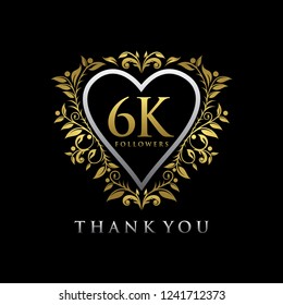 6 k or 6000 thank you Gold balloons and colorful confetti, glitters. Luxury Design for Social Network friends, followers, Web user Thank you celebrate of subscribers or followers, likes.