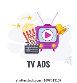 6 Schlüsselelemente des traditionellen Marketings. Flyer und Broschüren, Radio- und Fernsehwerbung, Plakatwände, Zeitungen und Magazine. Flache Vektorgrafik.