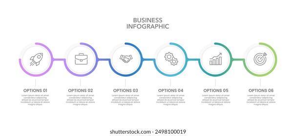 6 claves de éxito para los negocios. Plantilla de diseño de círculo infográfico. Presentación de negocios, cronología, planificación y marketing. Ilustración vectorial.