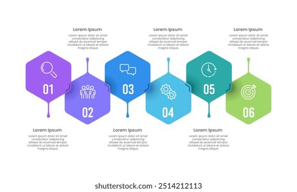 6 Keys to Business success. Hexagon Infographic Colorful Design Template. Business Presentation, Planning, Strategy, Organization and Milestones. Vector Illustration.