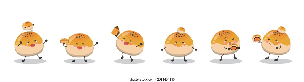 6 kinds of Chinese Oriental Mid-Autumn Festival moon cake cartoon characters isolated in the background, cute vector illustration cartoon, mascot combination