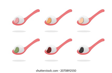 6 kinds of colorful glutinous rice balls and spoons, glutinous rice desserts, Chinese and Taiwanese festivals: Lantern Festival or Winter Solstice, cartoon comic vector illustration