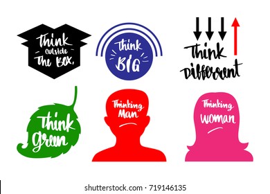 6 kines of thinks such as think outside the box, think big, think difference, think green, thinking man, thinking woman, vector illustration design.