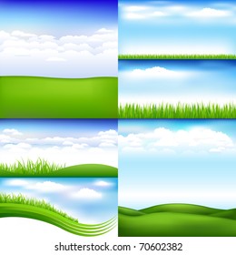 6 Landscapes With Clouds And Grass, Vector Illustration