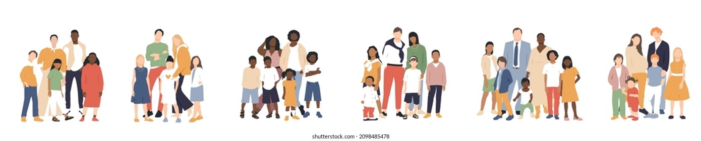 6 Large Multicultural Families. Flat vector illustration.