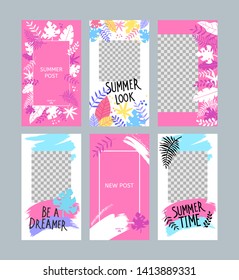 6 layout templates for social media, stories, mobile apps with tropical leaves. Social media pack.