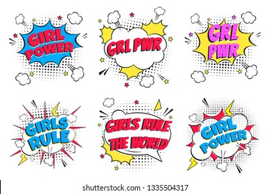 6 Lettering GRL PWR, GIRL POWER, GIRLS RULE Set In The Speech Bubbles Comic Style Flat Design. Exclamation Concept Of Comic Book Style Pop Art Voice Phrase Isolated On White Background.