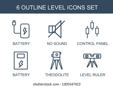 6 level icons. Trendy level icons white background. Included outline icons such as battery, no sound, control panel, theodolite, level ruler. icon for web and mobile.