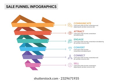 6 level sales funnel diagram concept. 3D Infographic template illustration for business.