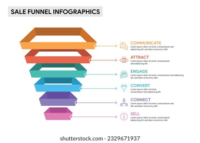 6-stufiges Konzept des Verkaufstrichter Diagramms. 3D Infografik-Template-Illustration für Unternehmen.