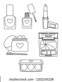 6 line art black and white make up elements. Cosmetic objects for women gifts. Beauty themed vector illustration for icon, logo, stamp, label, sticker, badge, gift card or certificate decoration