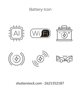 6 line icons related to battery, charging