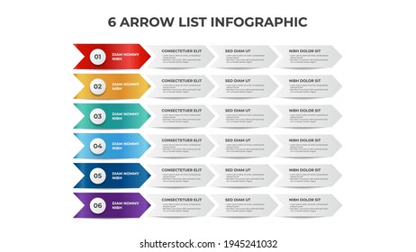 6 Liste mit Pfeil-Prozessdiagramm mit Kugeln und Punkten, Infografik-Elementvorlage, Vektorgrafik