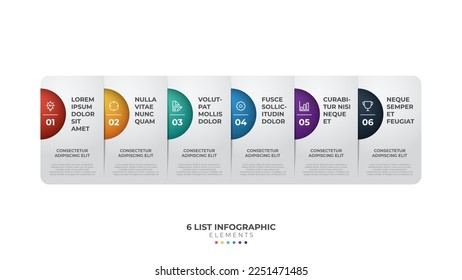 6 list of steps, horizontal layout diagram with number of sequence, colorful and modern infographic element template