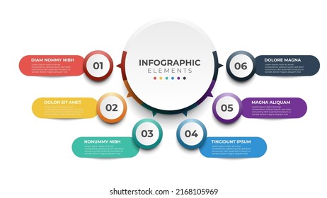 6 list of steps, layout diagram with number of sequence, circular infographic element template