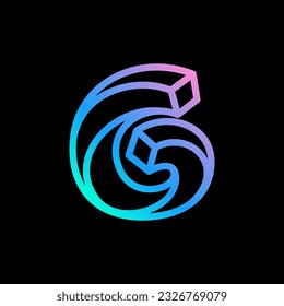 6 logotipo. Isométrico número seis. Emblema de luces de neón. Diseño de líneas imposibles de gradiente multicolor. Icono de luz cúbica para etiquetas de cadenas de bloqueo, titulares de vida nocturna, afiches futuristas, publicidad de NFT.