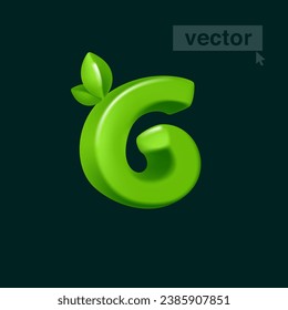 6 logo. Number six in 3D cartoon cubic style with green leaves. Eco-friendly vector illustration. Impossible isometric shapes. Perfect for nature banner, healthy food labels, garden, and grass adv.