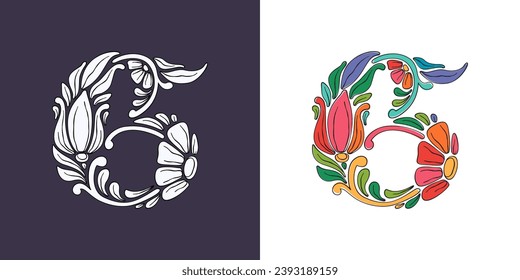6 logo. Number six with botanical and flower pattern. Traditional leaves and curved lines embroidery ornament. Icon for wedding ceremony, vintage greeting cards, birthday identity, party invitations