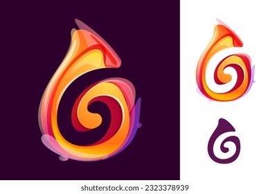 6 logo. Number six in fire flame. Negative space 3D realistic icon. Vibrant initial in overlapping watercolor style. Vector watercolor font for danger labels, warning posters, sport identity.