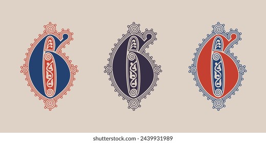 6 logo. Number six illuminated gothic monogram with naturalistic flowers ornament. Dark age german drop cap. Classic medieval red and blue Latin initials font based on XIV century manuscript.