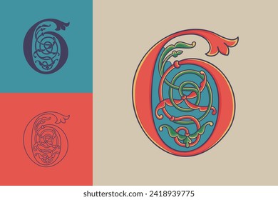 6 logo. Number six initial with trailing vines of thistle plant. Medieval blackletter drop cap based on Bohemian manuscript. Romanesque style dim colors illuminated emblem. Wax seal monogram.