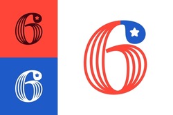 6 Logo. Number Six Made Of American Flag. Serif Font With Star And Stripes. Classic Icon For US History And 4th Of July Celebration. Perfect For Sport Team Uniform, Independence Day Invitations.