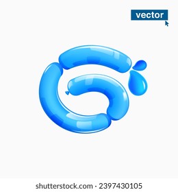 6 logo. Number six made of blue clear water and dew drops. Eco-friendly realistic 3D twisted balloons. Vector elements in plastic cartoon style. Perfect for pure nature banner, healthy filter labels