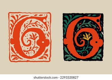 6 logo. Number six medieval grunge gothic initial. 16th century engraved drop cap. Blackletter style vintage font. Middle Ages capital icon with floral ornament. Vector square shaped calligraphy.