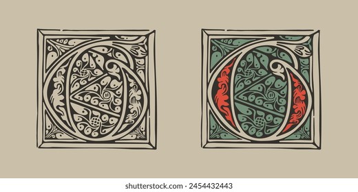 6 logo. Número seis inicial gótico medieval iluminado por adornos de follaje. Gorra alemana grabada. Emblema pintado a mano de la Edad Oscura. Fuente clásica de Latina basada en el manuscrito de adorno del siglo XV.